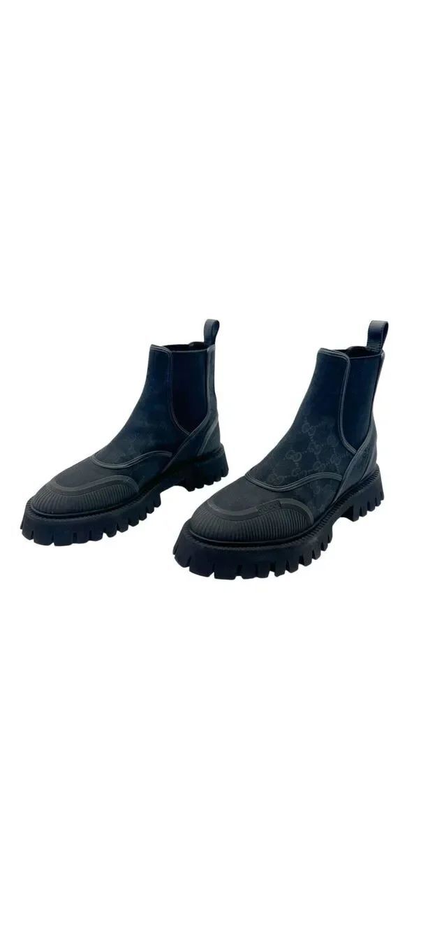 GUCCI Novo GG Monogram Chelsea Combat Boots Size 39 Black Canvas Lug Sole